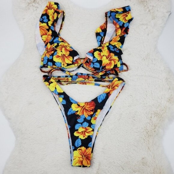 New Floral Wrap Around Top High Leg Bottom Bikini Set - Picture 6 of 6